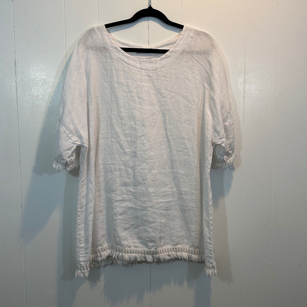 Zelante White Linen Fringe Tunic Top Womens 1X Crochet Trim Short Sleeve‎ Boho